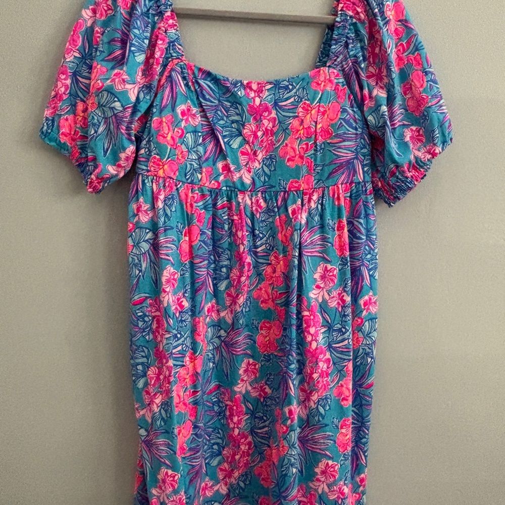 Lilly Pulitzer Delaney Puffed Sleeve Smocked Blue Orchid Midi Dress